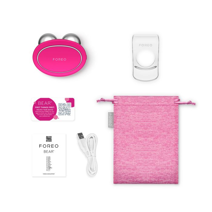 Naprava Foreo Bear Fuchsia, priročnik, kabel in etui za napravo