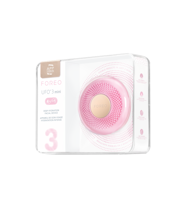 FOREO UFO 3 mini, Pametna naprava za hidracijo obraza, Pearl Pink v embalaži